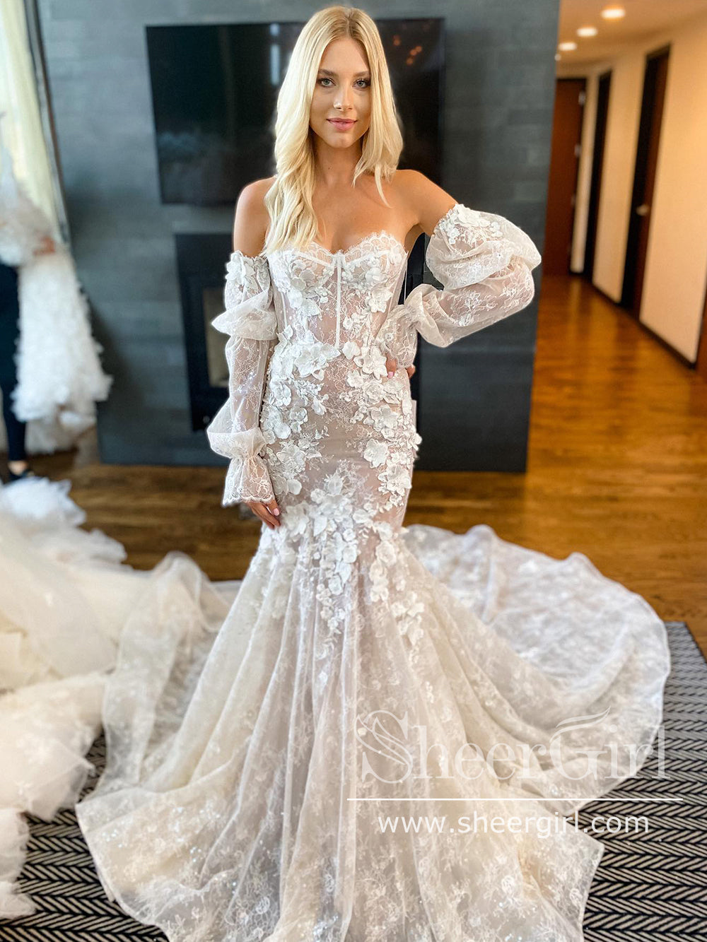 3D Flowers Lace Wedding Gown Sweetheart Neck Mermaid Lace Wedding Dres SheerGirl 3D Flowers Lace Wedding Gown Sweetheart Neck Mermaid Lace Wedding Dres SheerGirl