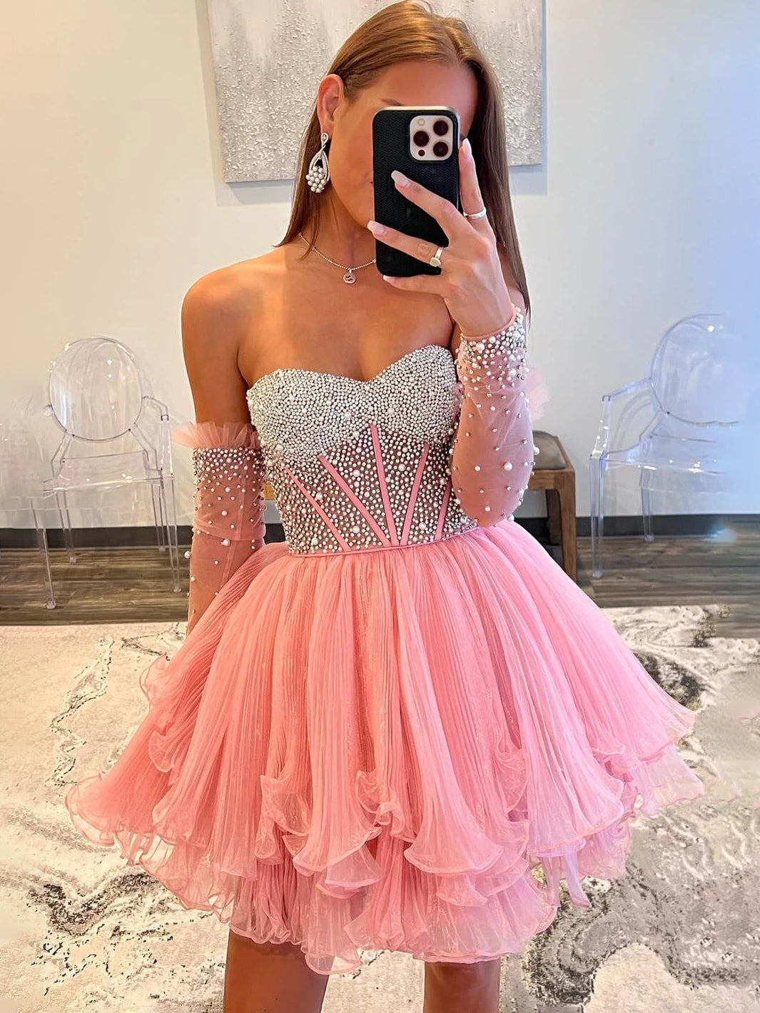 short pink sweet 16 dress A-Line Short Pearl Pink Lace Homecoming Dress,Sweet 16 Dresses Demodresses