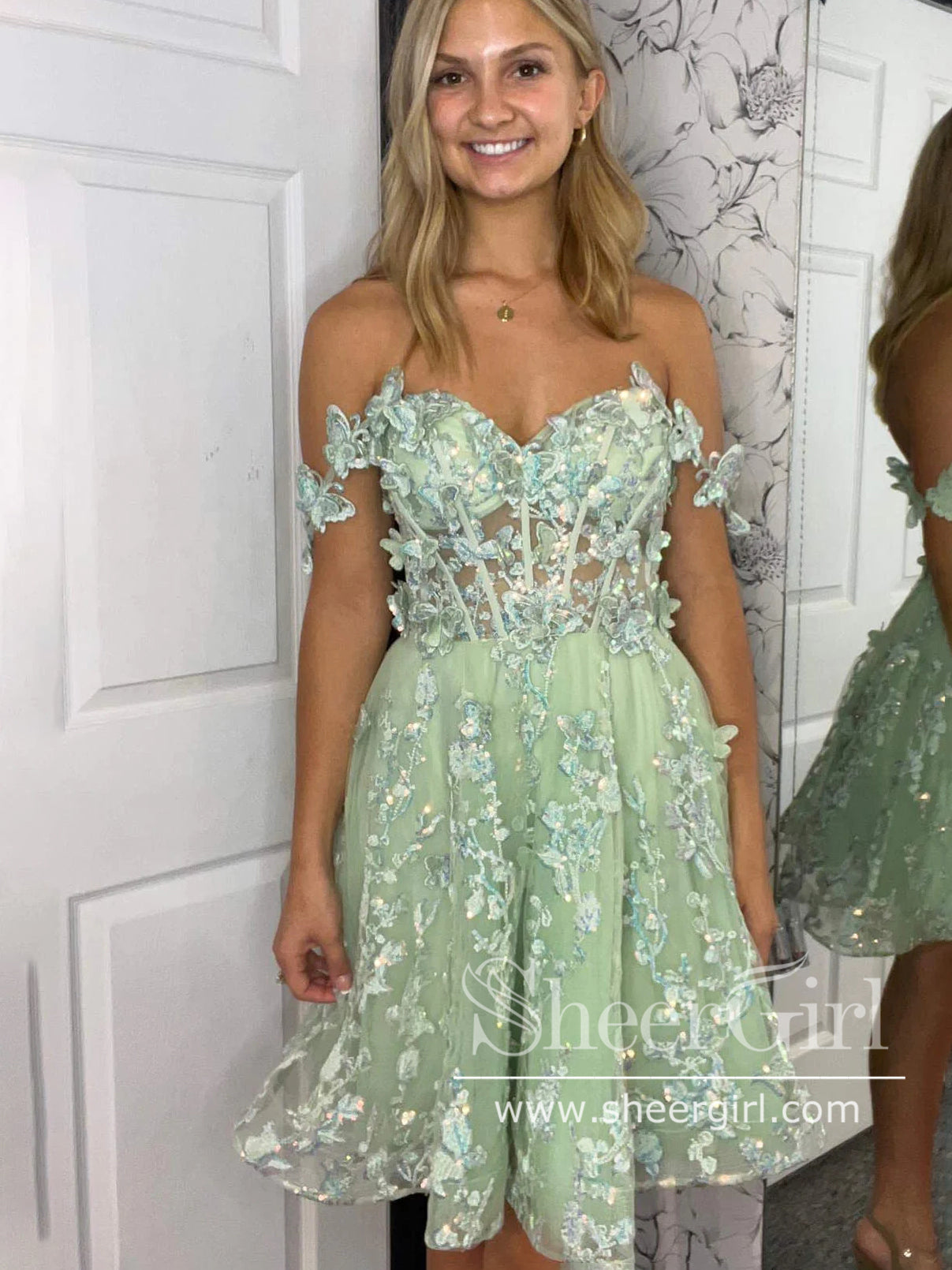 A Line Off the Shoulder Straps Homecoming Dress Butterfly Appliques Short Prom Dress ARD3012 A Line Off the Shoulder Straps Homecoming Dress Butterfly Appliques Short Prom Dress ARD3012