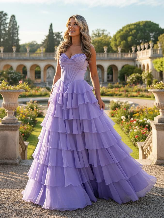 A-line Strapless Chiffon Tiered Long Prom Dresses with Slit ARD3195 A-line Strapless Chiffon Tiered Long Prom Dresses with Slit ARD3195