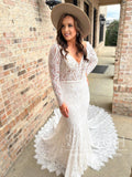 Backless Bohemian Lace Wedding Dress Long Sleeves Sheath Wedding Gown AWD1973-SheerGirl