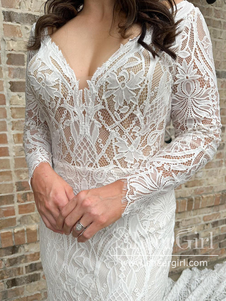 Backless Bohemian Lace Wedding Dress Long Sleeves Sheath Wedding Gown AWD1973-SheerGirl