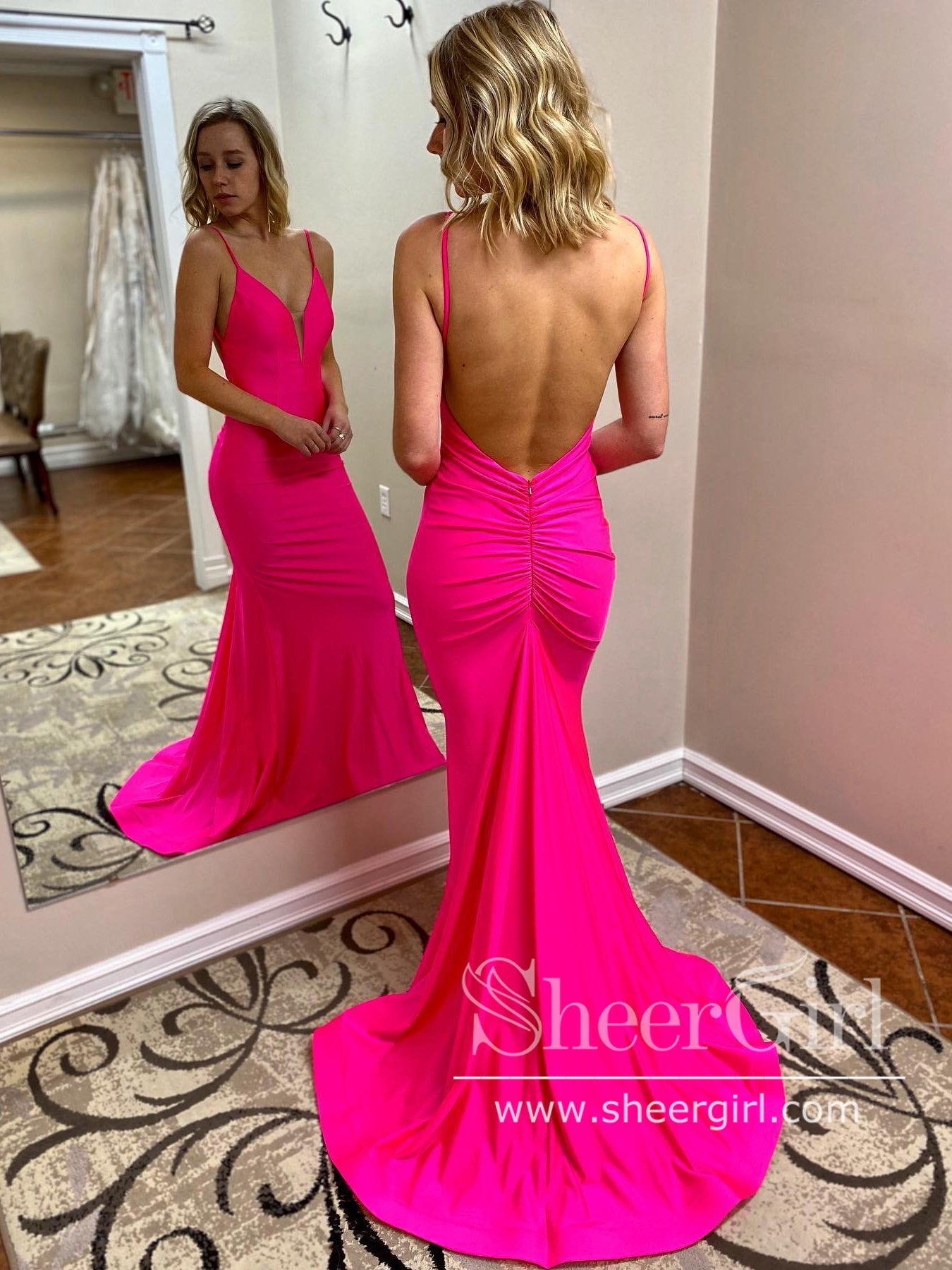 Backless Simple Prom Dress Hot Pink Satin Party Dress with Pleats Even SheerGirl Backless Simple Prom Dress Hot Pink Satin Party Dress with Pleats Even SheerGirl