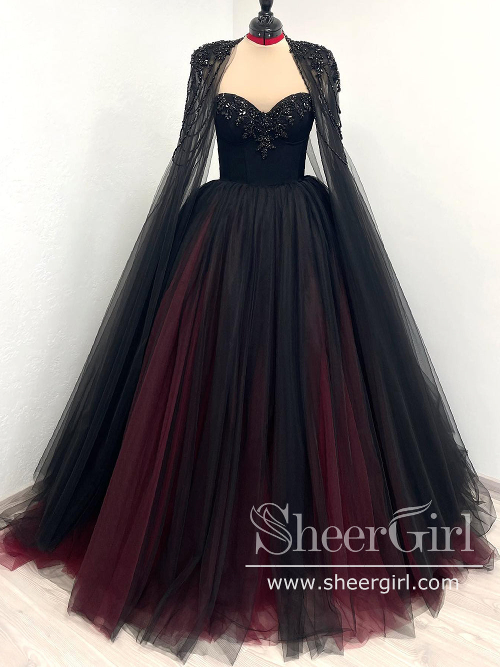 Black/Red Strapless Contrast Colred Ball Gown Sweetheart Neck Long Prom Dress with Beaded Cape ARD2935 Black/Red Strapless Contrast Colred Ball Gown Sweetheart Neck Long Prom Dress with Beaded Cape ARD2935