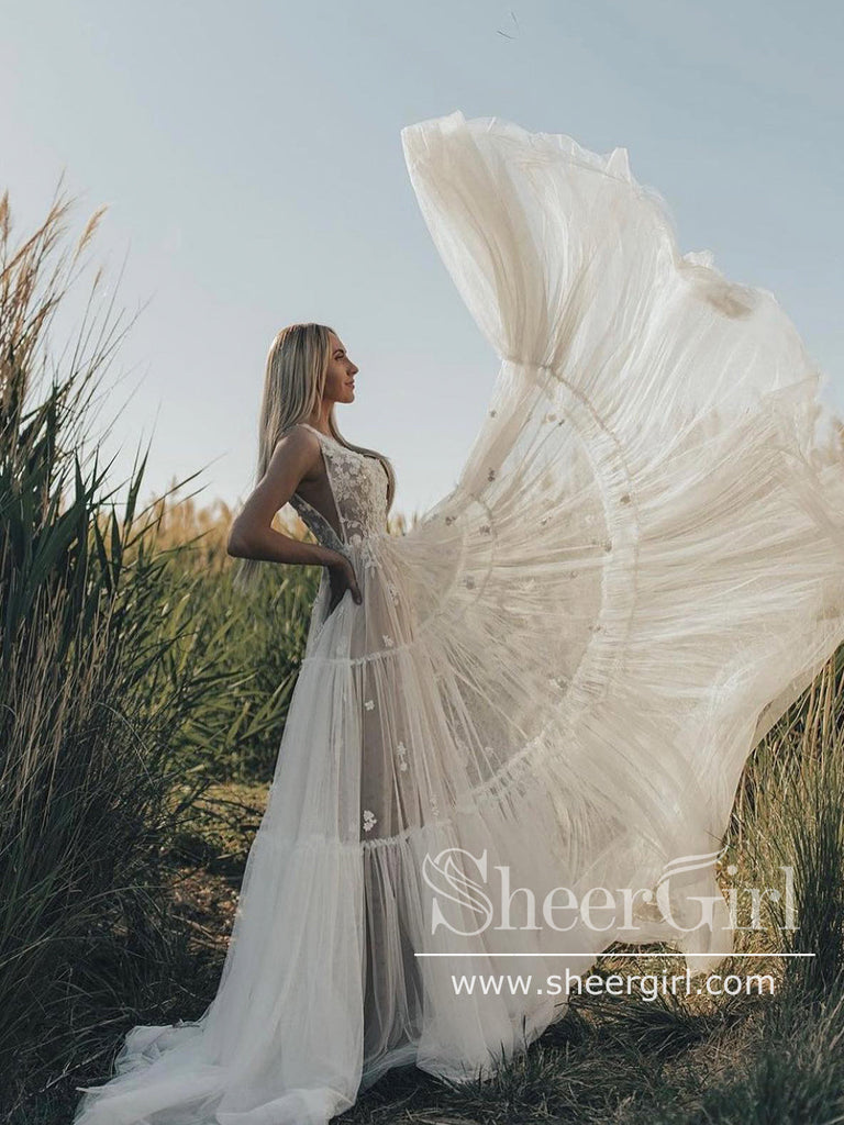Boho Wedding Dress Soft Tulle Stunning Layered Bridal Dress Beach Wedding Dress Floor Length AWD1962-SheerGirl