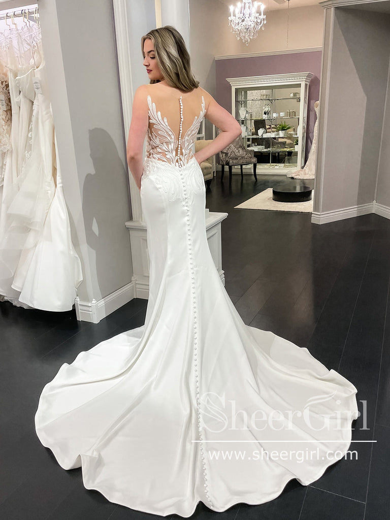 Corded Lace Mermaid Satin Wedding Dress Illusion Bodice Wedding Gown AWD1975-SheerGirl