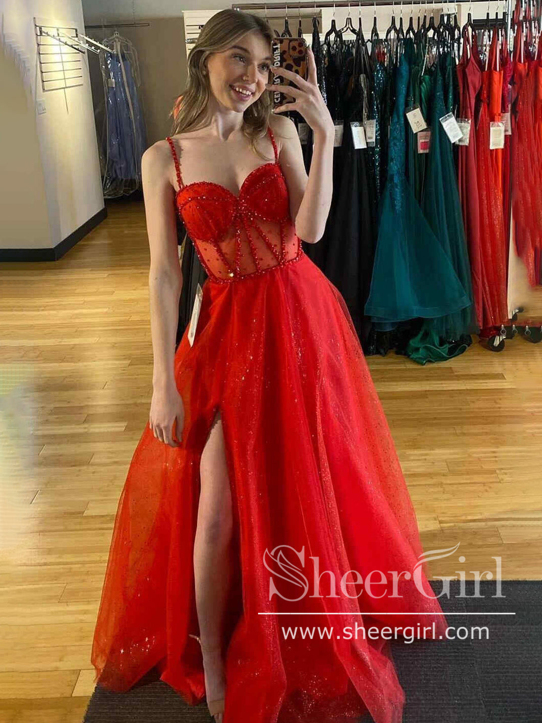 red prom dress with corset top Draped Neckline Long Sheer-Corset Prom Dress -PromGirl Neon Green / 4