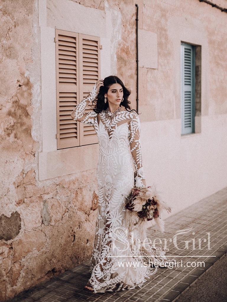 Cowboy Wedding Dress 2 Pieces Long Sleeves Rustic Lace Elopement Mermaid Bridal Gown for Bride AWD2032-SheerGirl