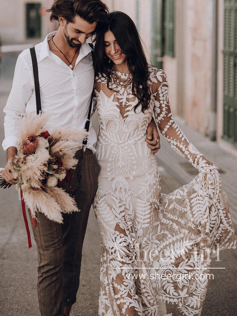 Cowboy Wedding Dress 2 Pieces Long Sleeves Rustic Lace Elopement Mermaid Bridal Gown for Bride AWD2032-SheerGirl