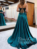 Dark Green Satin Party Dress Appliqued V Neck Prom Dress with High Slit ARD3080-SheerGirl