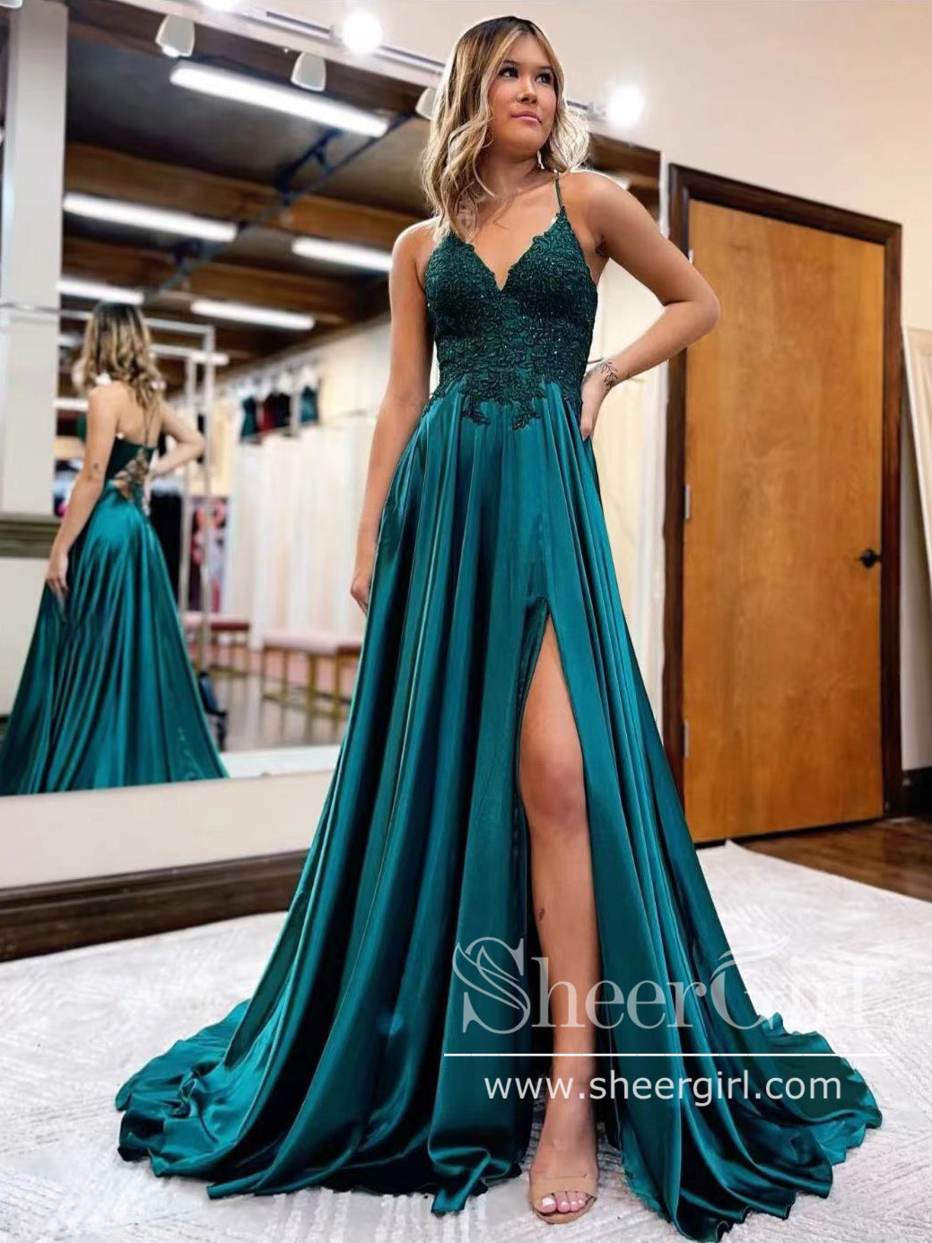 Dark Green Satin Party Dress Appliqued V Neck Prom Dress with High Slit ARD3080 Dark Green Satin Party Dress Appliqued V Neck Prom Dress with High Slit ARD3080