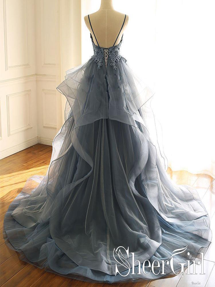 Deep V Neck Appliqued Prussian Blue Bridal Dresses Multi-Layered Organza Wedding Dresses ARD2481-SheerGirl