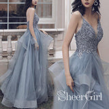 Deep V Neck Appliqued Prussian Blue Bridal Dresses Multi-Layered Organza Wedding Dresses ARD2481-SheerGirl