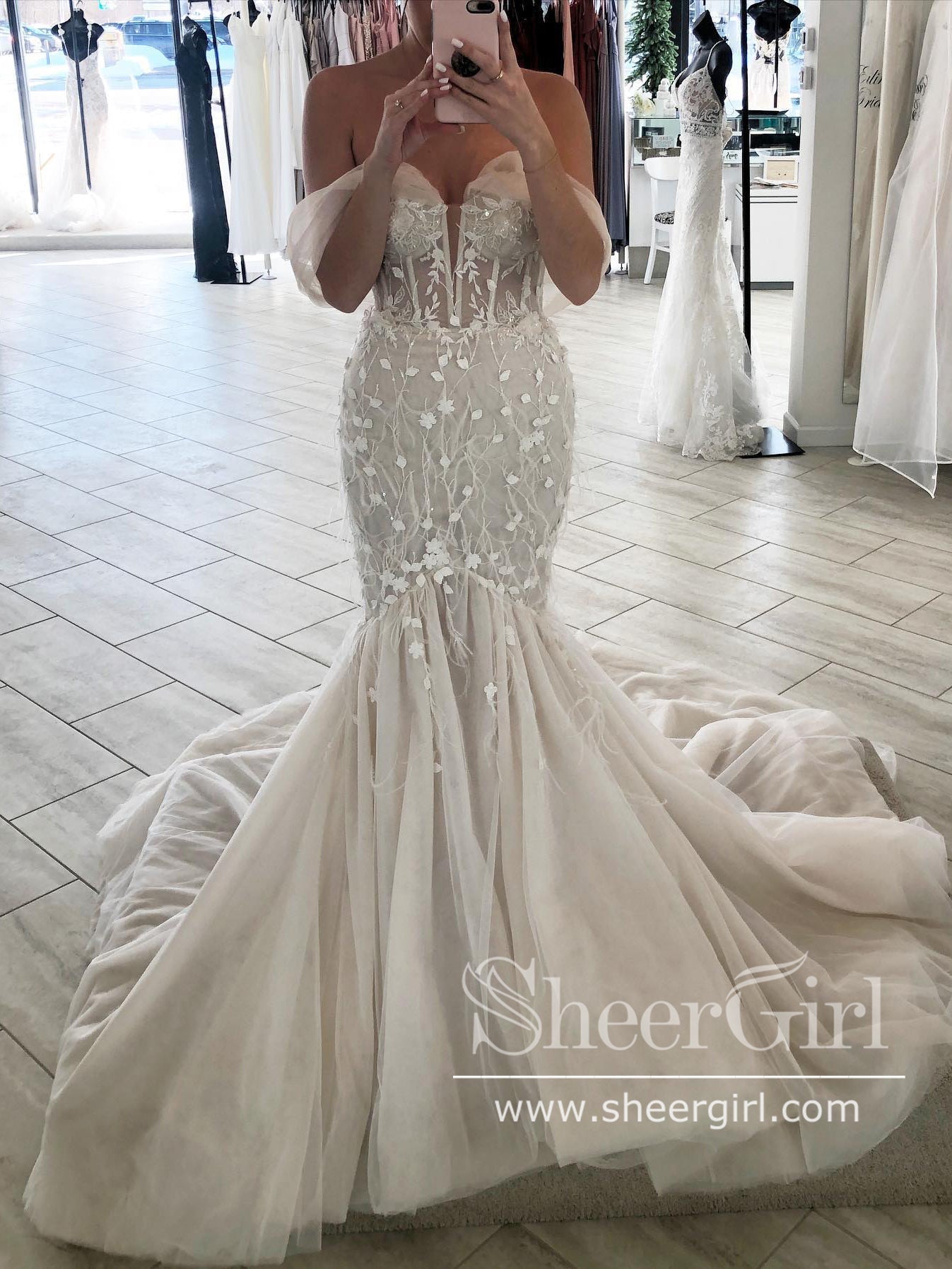 Delicate Lace Off The Shoulder Bridal Dress Gorgeous Mermaid Wedding Dress with Feather AWD2021