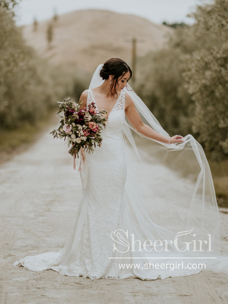 Delicate Leaf Lace Mermaid Satin Wedding Dress Plunge Neck Wedding Gown AWD2038-SheerGirl