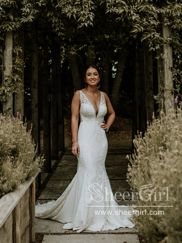 Delicate Leaf Lace Mermaid Satin Wedding Dress Plunge Neck Wedding Gown AWD2038-SheerGirl