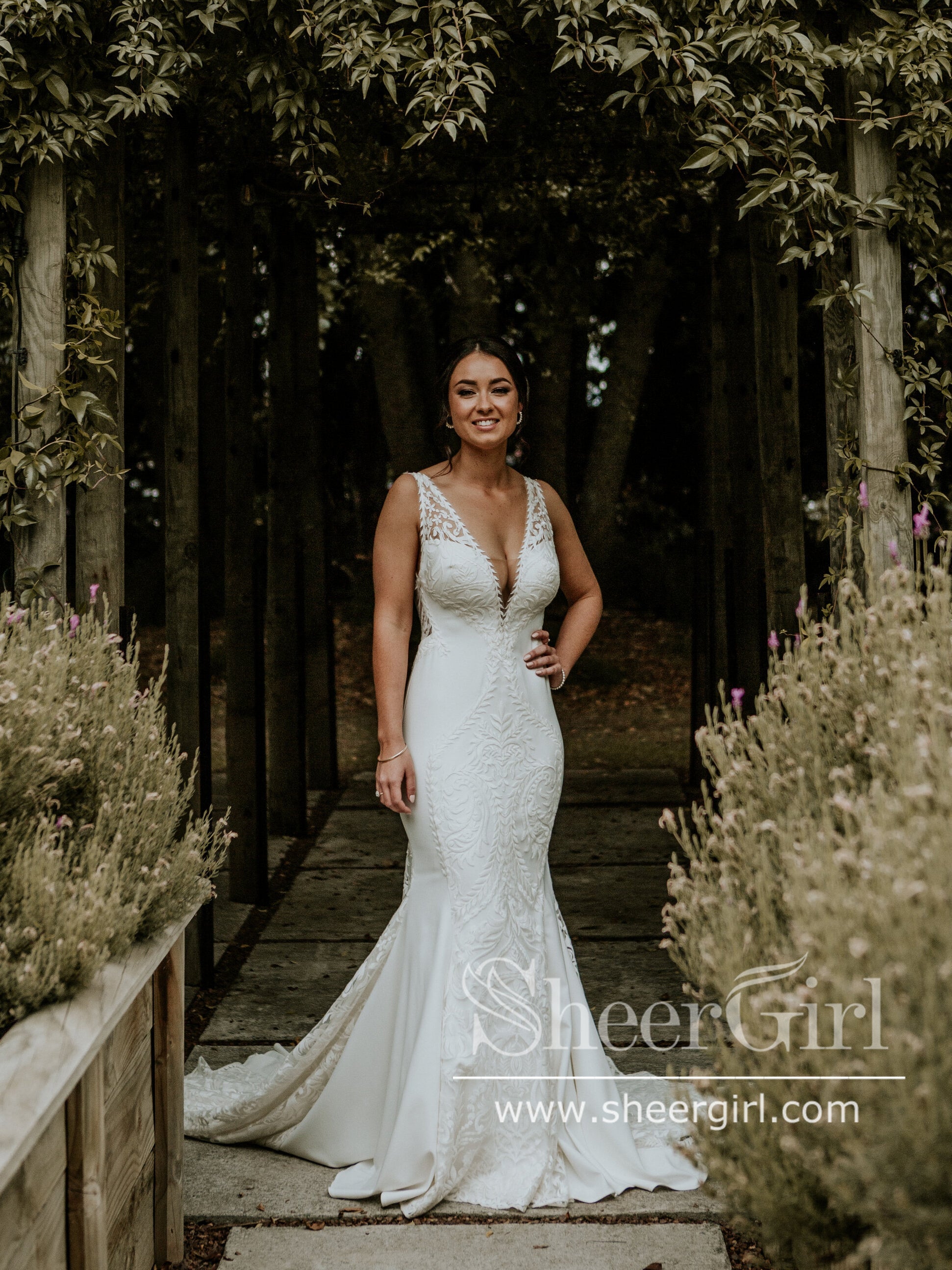plunge mermaid satin wedding dress with buttons Mermaid Wedding Dresses