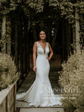 Delicate Leaf Lace Mermaid Satin Wedding Dress Plunge Neck Wedding Gown AWD2038-SheerGirl