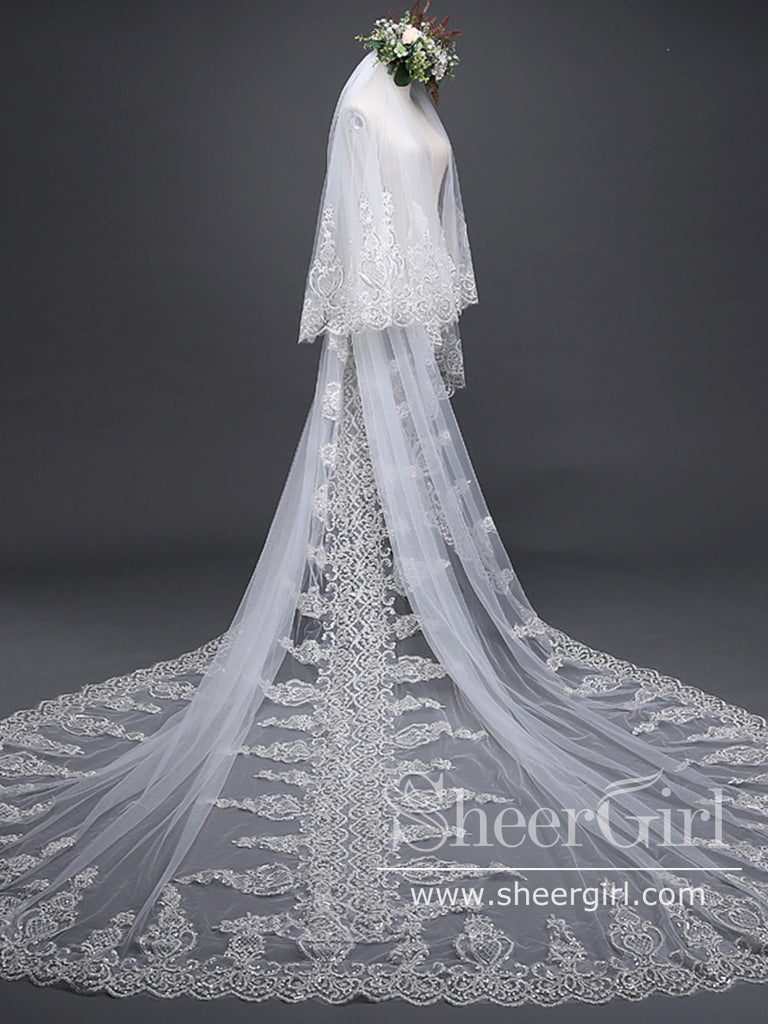 Exquise Floral Lace with Shaped Edge Cathedral Veil Bridal Veil Wedding Veil ACC1199-SheerGirl