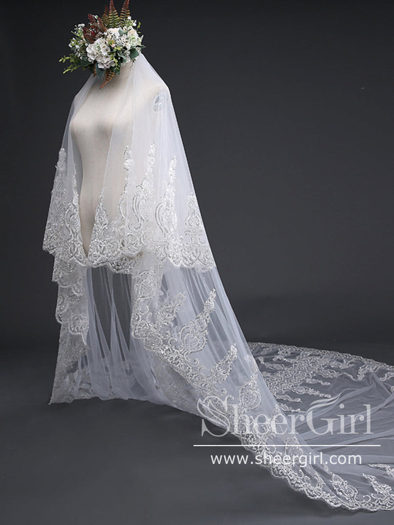Exquise Floral Lace with Shaped Edge Cathedral Veil Bridal Veil Wedding Veil ACC1199-SheerGirl