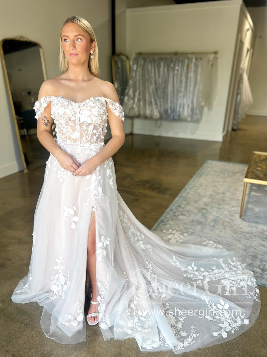 Gorgeous A Line Off the Should Wedding Gown Beach Wedding Dress with High Slit AWD1994 Gorgeous A Line Off the Should Wedding Gown Beach Wedding Dress with High Slit AWD1994