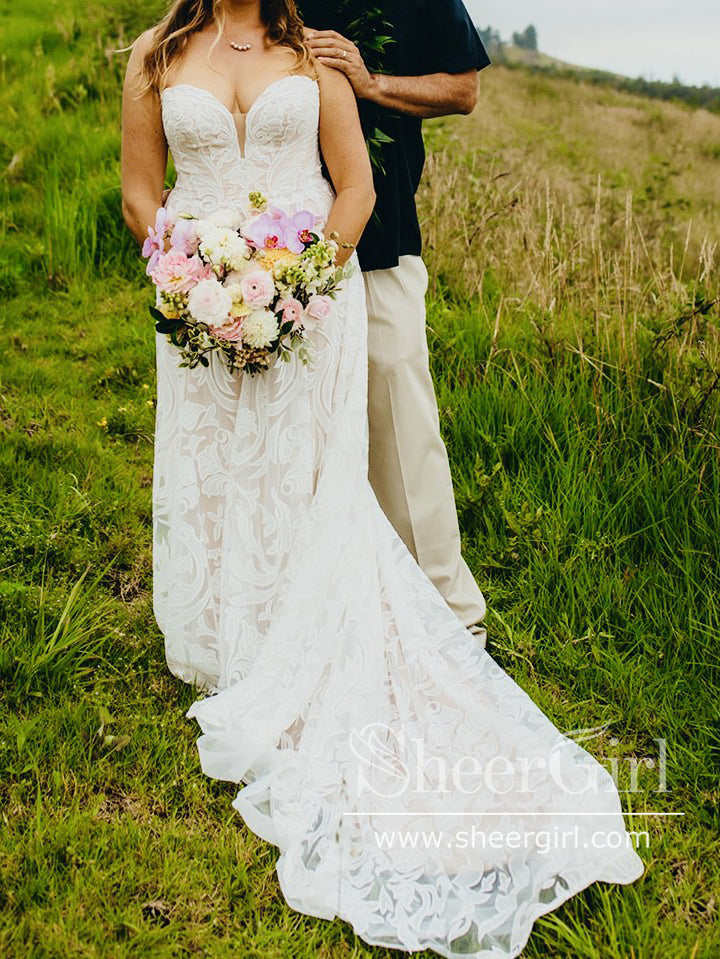 Gorgeous Floral Embroidery Lace Wedding Gown Strapless A Line Boho Wed SheerGirl Gorgeous Floral Embroidery Lace Wedding Gown Strapless A Line Boho Wed SheerGirl