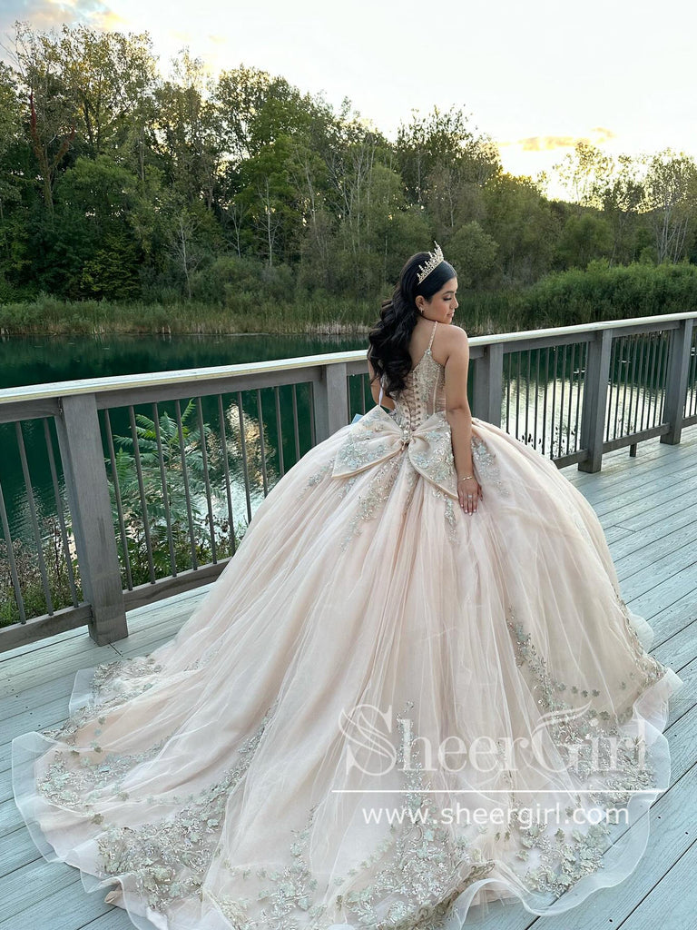 Gorgeous Sparkly Ball Gown Prom Dress Pear Pink Sequins Lace Spaghetti Straps Quinceanera Dresses ARD3178-SheerGirl