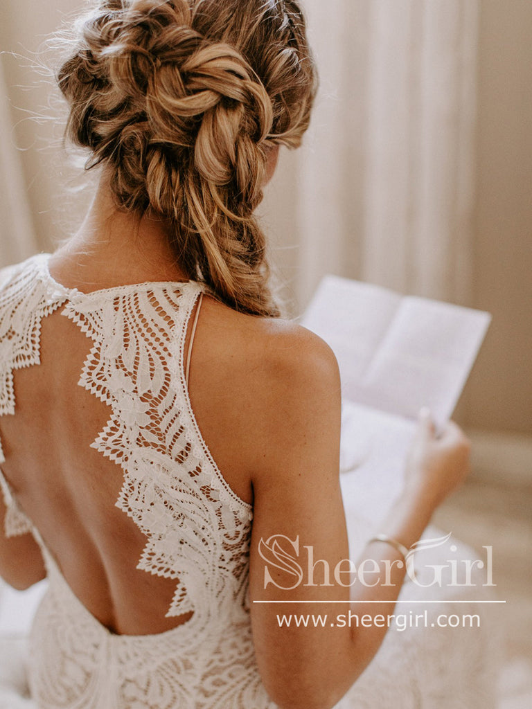 Halter Neck Boho Wedding Dress Bohemian Lace Mermaid Wedding Gown AWD2041-SheerGirl