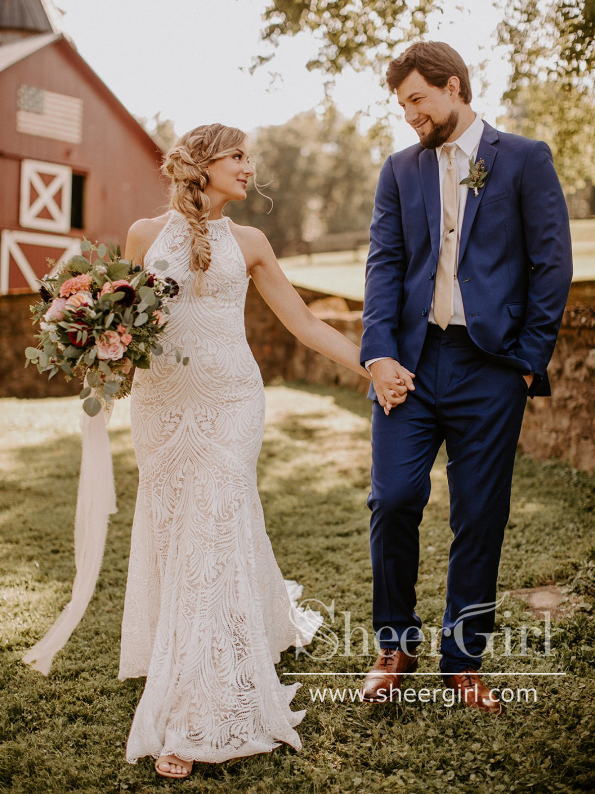 Halter Neck Boho Wedding Dress Bohemian Lace Mermaid Wedding Gown AWD2041