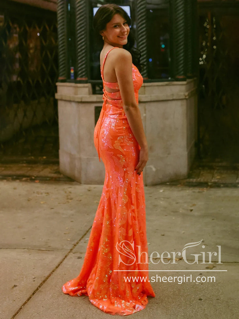 High Slit Party Dress Mermaid Evening Dress Long Prom Dress Floral Sparkly Sequins ARD3102-SheerGirl