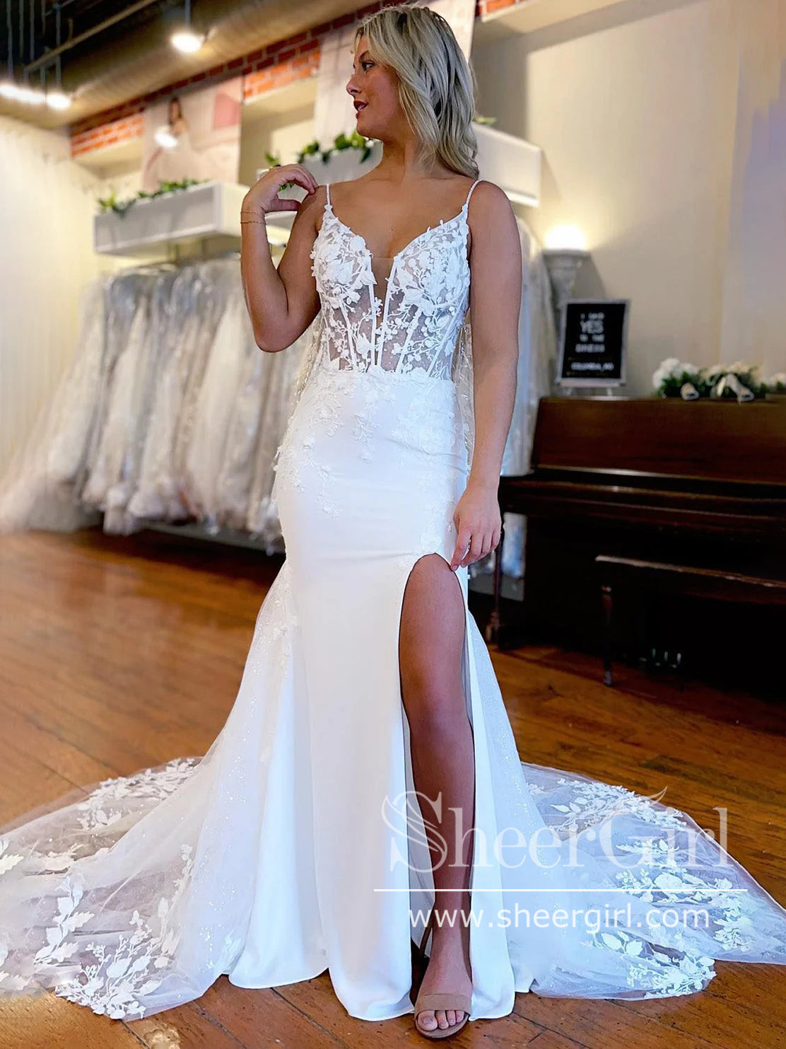chinese dress ladies High Slit Spaghetti Straps Deep V Neck Mermaid Wedding Dress with Chapel Train AWD2026