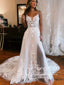 Correas espaguetis escote corazón una línea vestido de novia vestido de novia de tul con abertura alta AWD1903