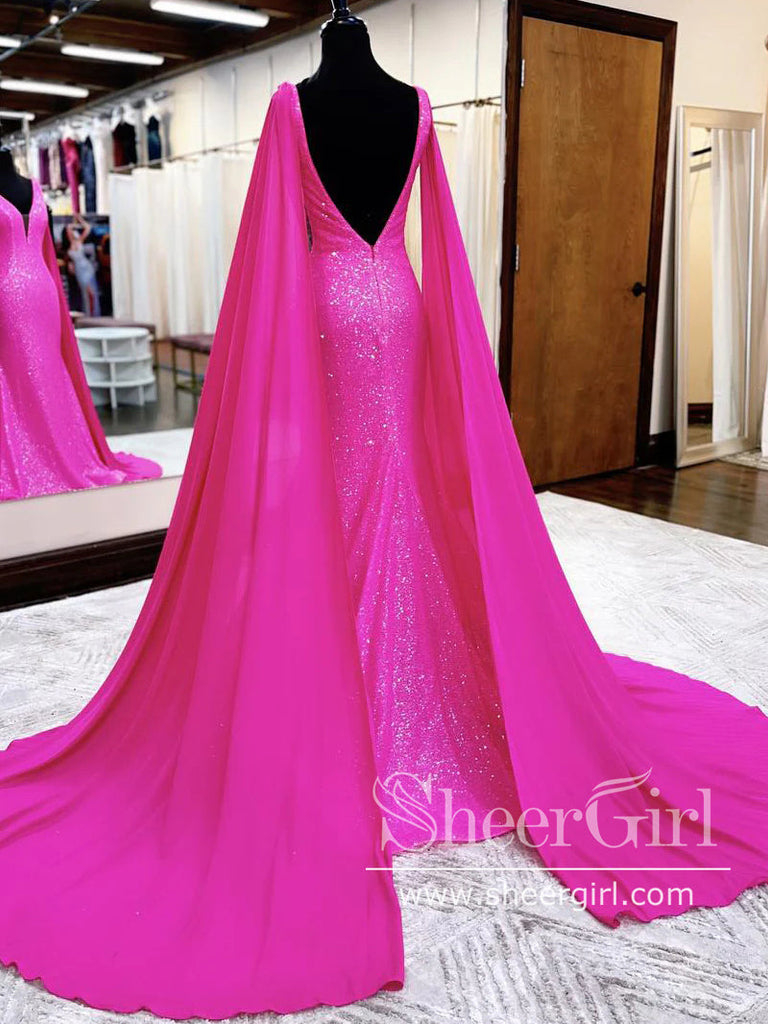 Hot Pink Detachable Cape Sleeves Sequins Mermaid Prom Gown with V Neck Sparkly Prom Dress ARD3103-SheerGirl