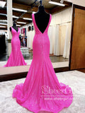 Hot Pink Detachable Cape Sleeves Sequins Mermaid Prom Gown with V Neck Sparkly Prom Dress ARD3103-SheerGirl