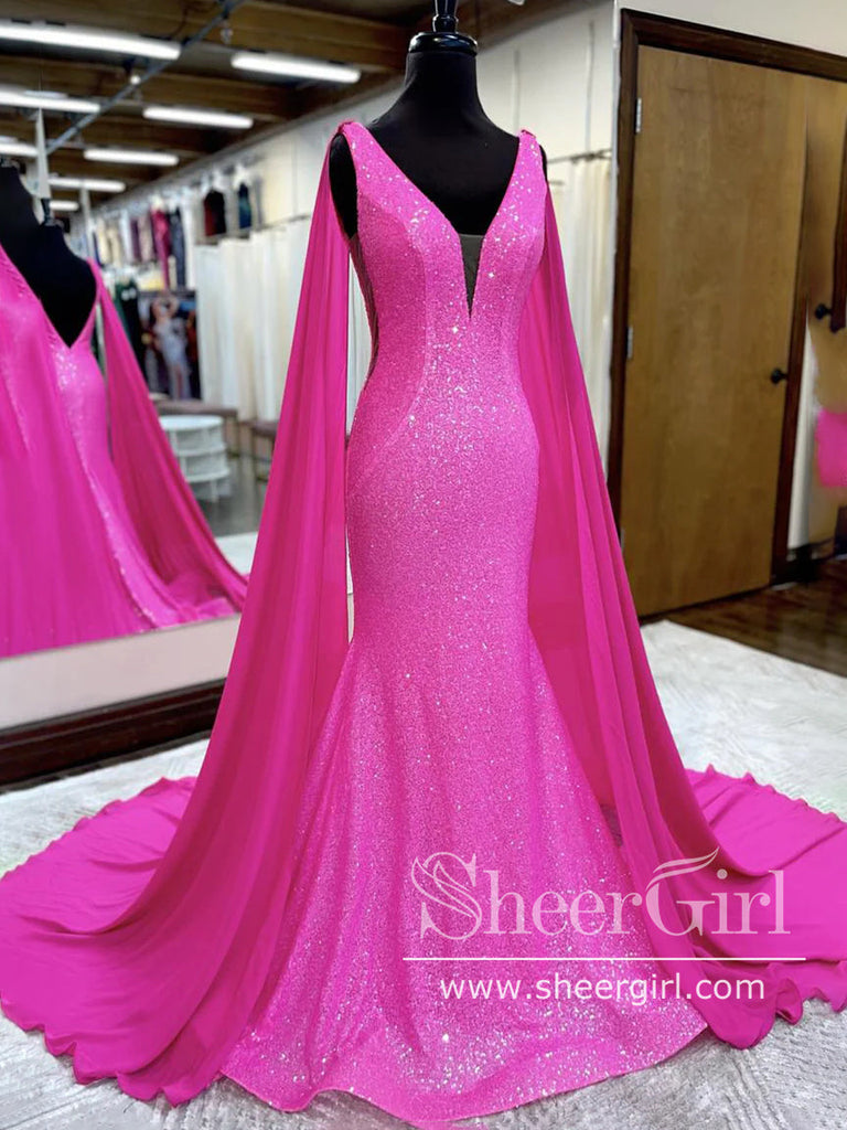 Hot Pink Detachable Cape Sleeves Sequins Mermaid Prom Gown with V Neck Sparkly Prom Dress ARD3103-SheerGirl