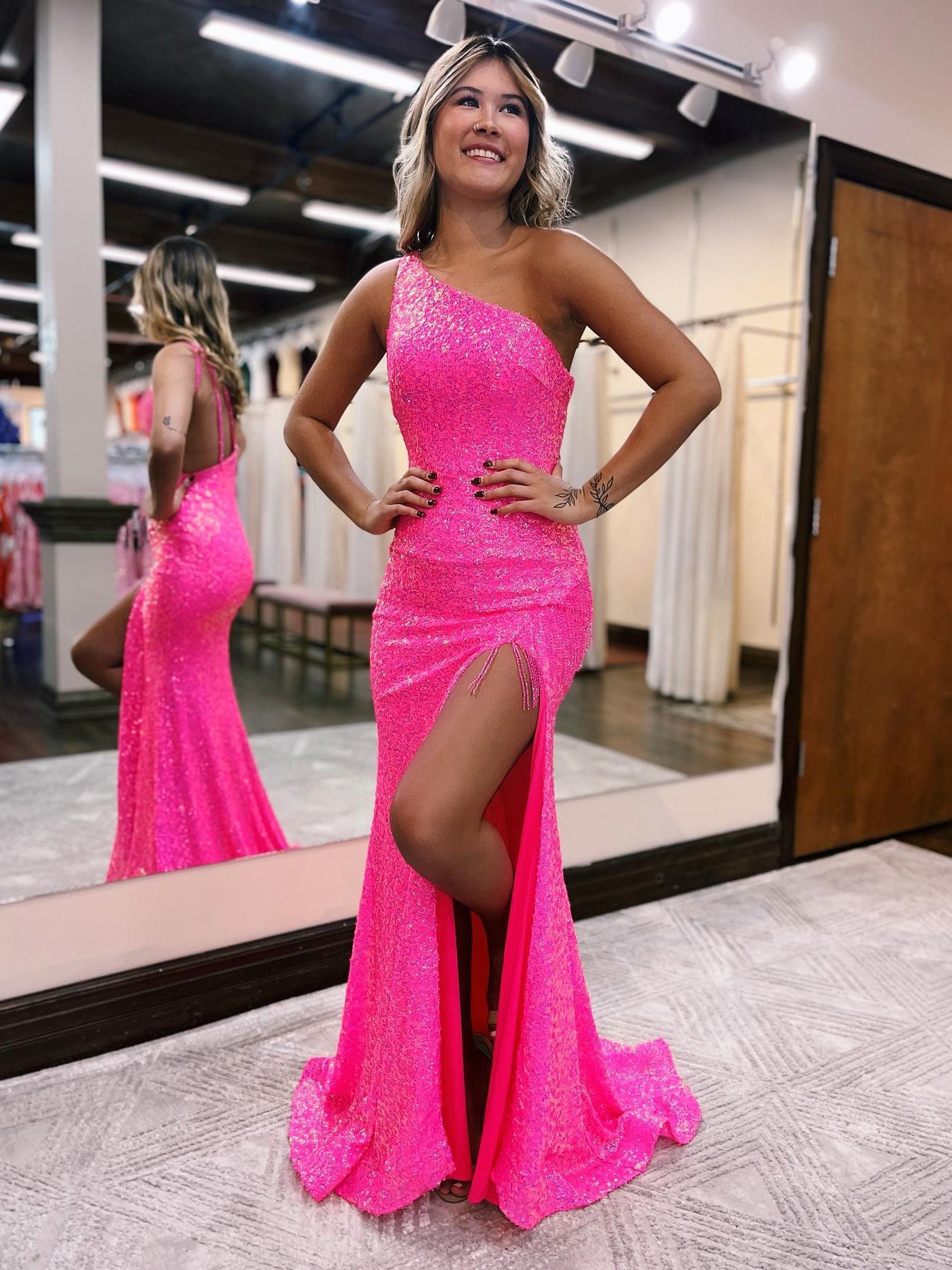 Hot Pink Sequins Lace Prom Gown Single Shoulder Sparkly Prom Dresses with Slit ARD3092 Hot Pink Sequins Lace Prom Gown Single Shoulder Sparkly Prom Dresses with Slit ARD3092