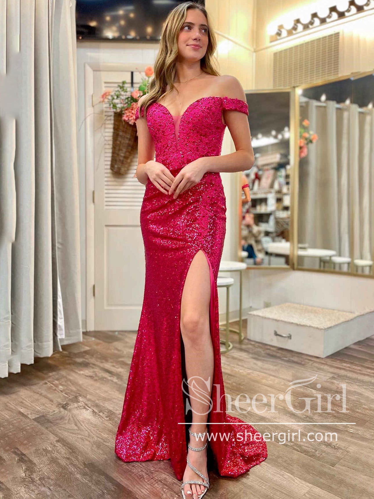 Hot Pink Sequins Sparkly Prom Gown Keyhole Back Off the Should Party Dress ARD3035 Hot Pink Sequins Sparkly Prom Gown Keyhole Back Off the Should Party Dress ARD3035