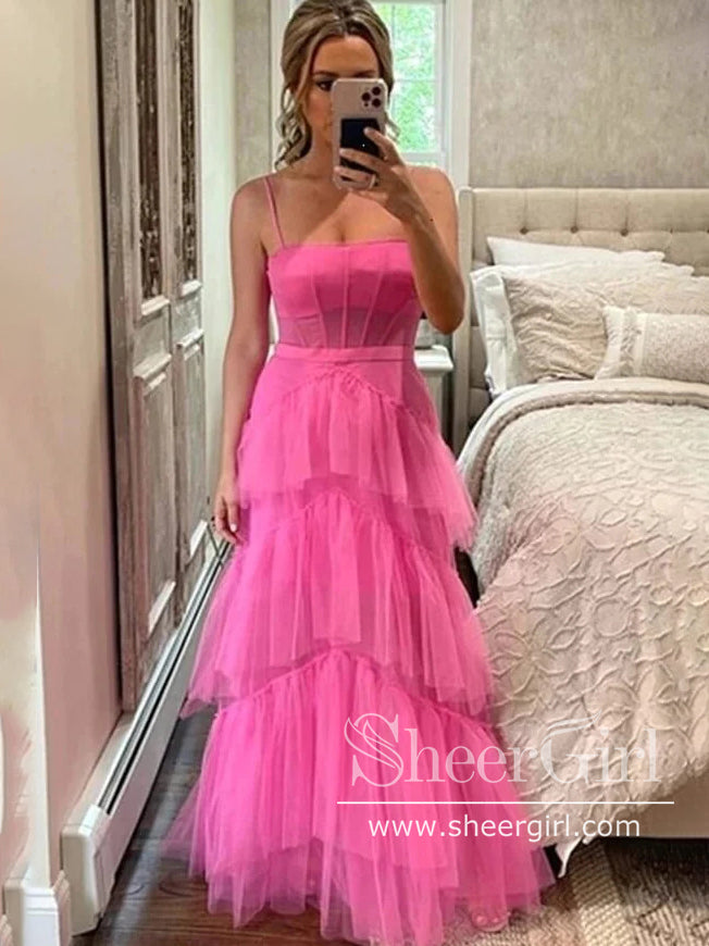 Hot Pink Simple Tulle Prom Dress Layered Evening Dress A Line Prom Dress ARD3053-SheerGirl