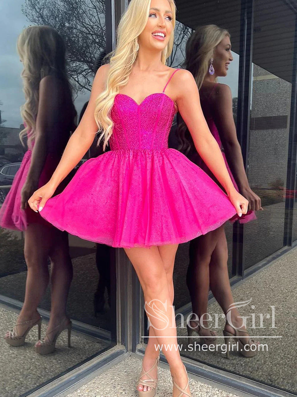 Hot Pink Sparkly Cocktail Dress Sweetheart Neck Short Homecoming Dress with Pearls ARD3156 Hot Pink Sparkly Cocktail Dress Sweetheart Neck Short Homecoming Dress with Pearls ARD3156