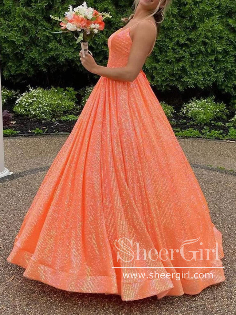 Hot Pink/Orange Sequins Prom Gown V Neck Ball Gown Sparkly Prom Dress ARD3081-SheerGirl