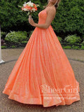 Hot Pink/Orange Sequins Prom Gown V Neck Ball Gown Sparkly Prom Dress ARD3081-SheerGirl