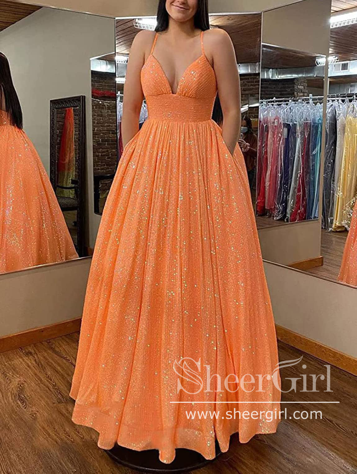 Hot Pink/Orange Sequins Prom Gown V Neck Ball Gown Sparkly Prom Dress ARD3081