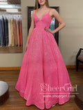 Hot Pink/Orange Sequins Prom Gown V Neck Ball Gown Sparkly Prom Dress ARD3081-SheerGirl