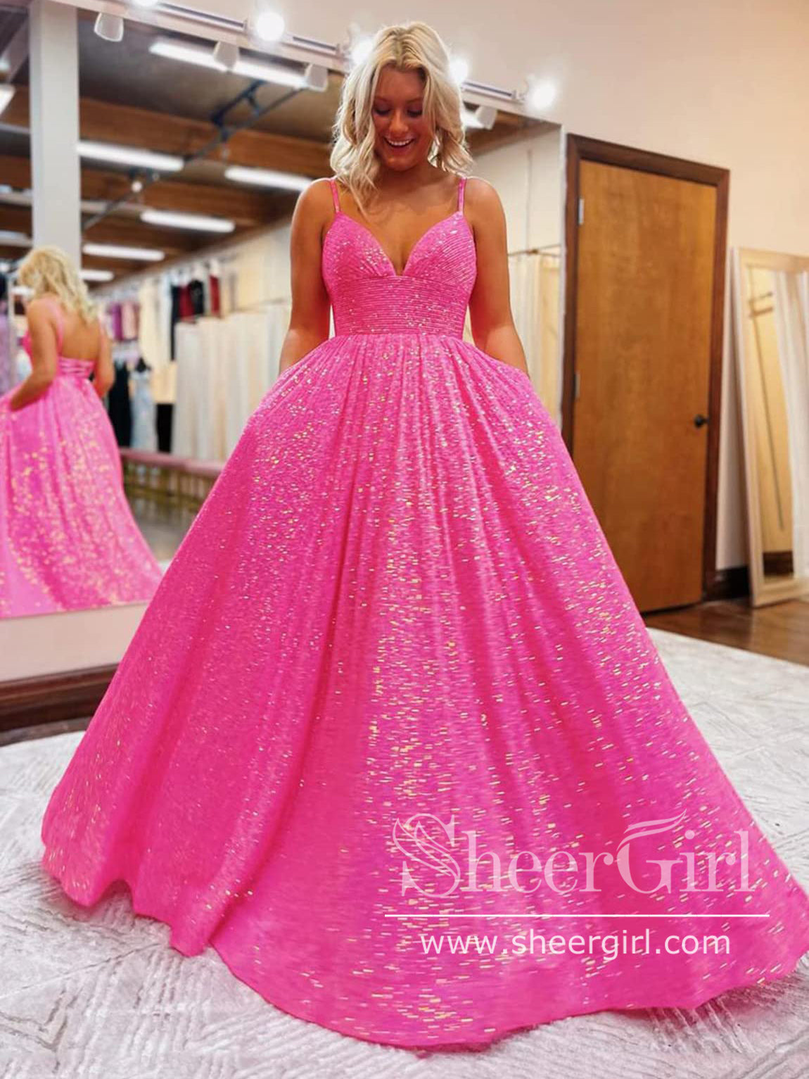 Hot Pink/Orange Sequins Prom Gown V Neck Ball Gown Sparkly Prom Dress ARD3081 Hot Pink/Orange Sequins Prom Gown V Neck Ball Gown Sparkly Prom Dress ARD3081