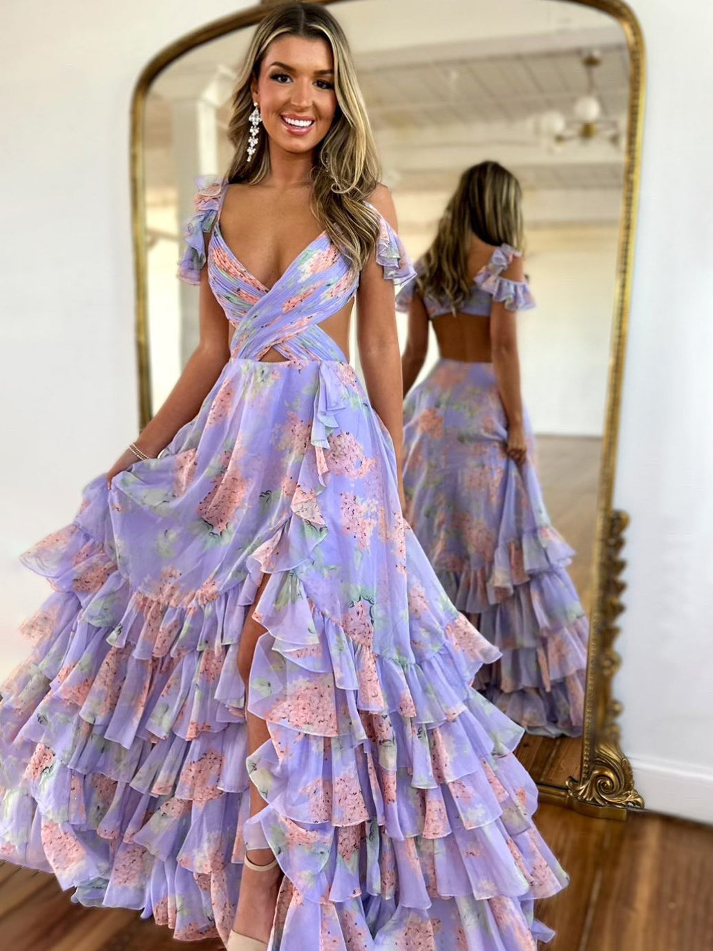 Howaii Print Chiffon Formal Dress Ruffled Layers Prom Gown Criss Cross SheerGirl