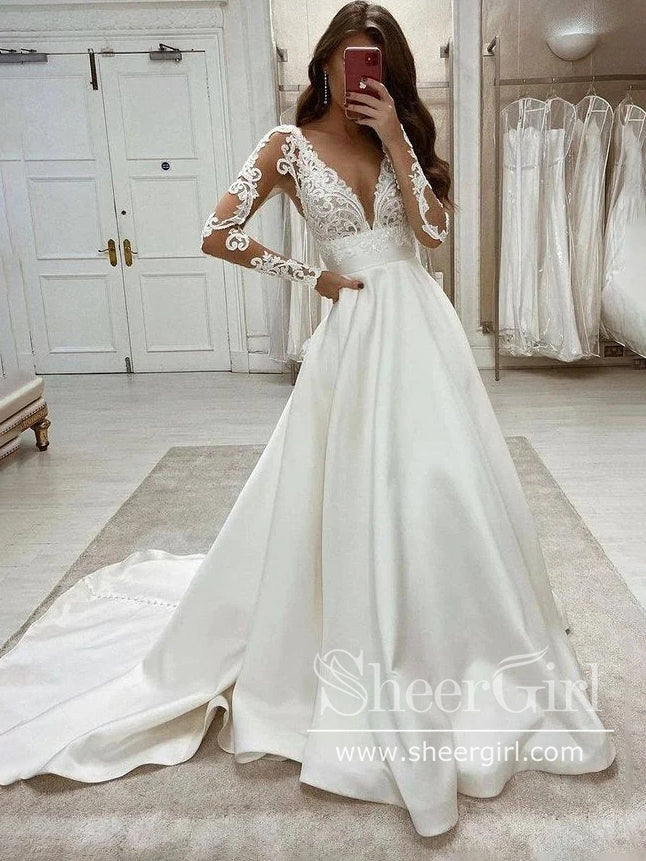 Illusion Long Sleeves A Line Satin Wedding Gown Plunge V Neck Lace