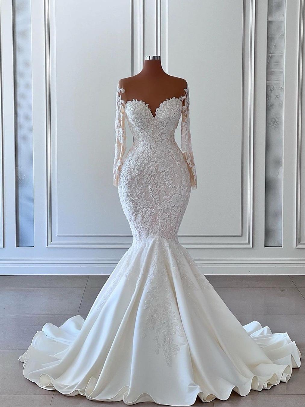 chinese dress ladies Sheer Long Sleeves Illusion Neck Mermaid Dress with Slit – HAREM's Brides main image 1