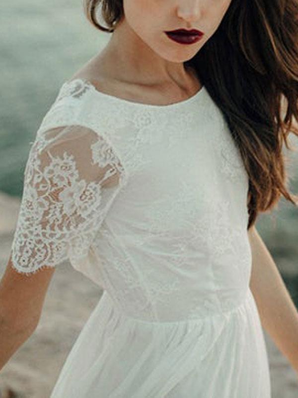 Ivory Chiffon Beach Wedding Dresses Rhinestone Belt Short Sleeve Wedding Dress AWD1162-SheerGirl