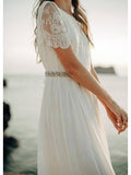 Ivory Chiffon Beach Wedding Dresses Rhinestone Belt Short Sleeve Wedding Dress AWD1162-SheerGirl