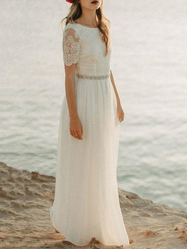 Ivory Chiffon Beach Wedding Dresses Rhinestone Belt Short Sleeve Wedding Dress AWD1162 Ivory Chiffon Beach Wedding Dresses Rhinestone Belt Short Sleeve Wedding Dress AWD1162